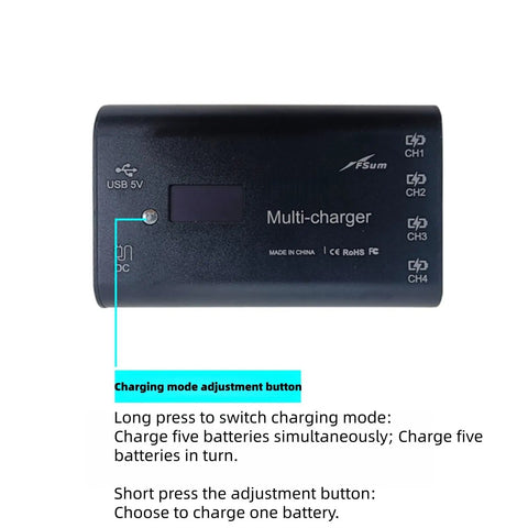 4 In 1 Drone Battery Charger Hub For Atom SE with charging mode adjustment button and USB output port visible