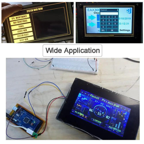 Nextion Enhanced 2.4 Inch HMI Display With Resistive Touch Screen 5V TFT LCD 320x240 For Arduino ESP32 Projects Plug And Play UI Module For Makers And Hobbyists NX3224K024, shown with custom menu screens