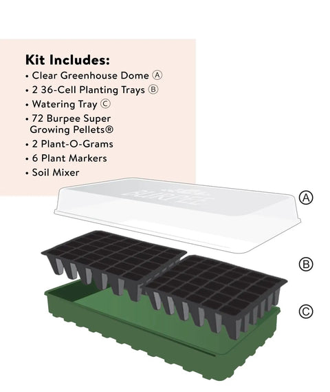 Indoor Seed Starting Kit With Dome Greenhouse For Herbs, Veggies And Flowers, showing clear dome, black trays, and green base