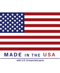American flag illustration with text made in the USA, highlighting U.S. and imported parts.