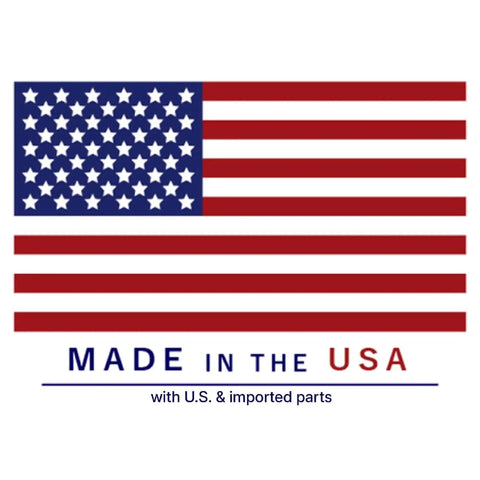 American flag illustration with text made in the USA, highlighting U.S. and imported parts.
