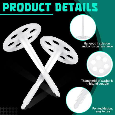 Top Shelf Professional Grade 250 Pack Heavy Duty Plastic Masonry Fasteners With Secure Washers Tough As Nails Concrete Anchors for Rigid Foam Board Insulation, showing white polyethylene fasteners with washers.