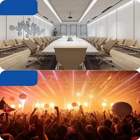 Peel And Stick Soundproofing Foam Roll For Walls Thick Acoustic Dampening Panels Fireproof Noise Blocker Mat For Home Studio Audio Treatment Grey in a modern conference room and lively concert scene.