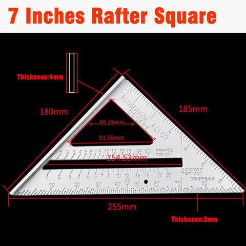 Aluminum Rafter Square 7 Inch With Double Sided Engraved Scales For Precise Carpentry And Woodworking with dimensions