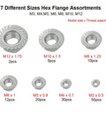 Hella Tough 304 Stainless Steel Hex Flange Nuts Assortment Kit With M3 M4 M5 M6 M8 M10 M12 Metric Fasteners assortment of seven sizes.
