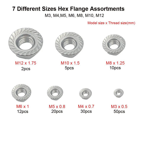 Hella Tough 304 Stainless Steel Hex Flange Nuts Assortment Kit With M3 M4 M5 M6 M8 M10 M12 Metric Fasteners assortment of seven sizes.