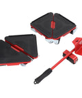 Heavy Duty Furniture Lifter And Slider Set With 360 Swivel Wheels, two triangular gliders and lifting tool in red for moving appliances.