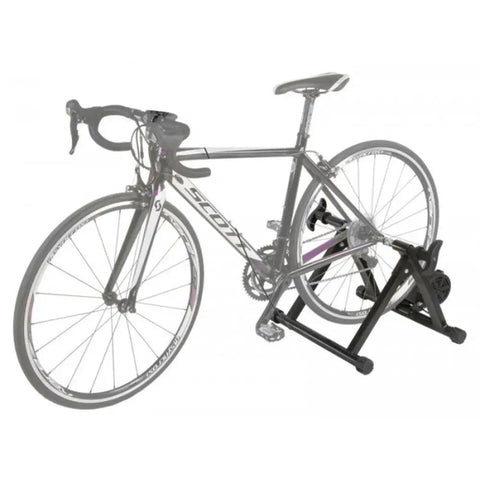 Yoke'n'Roll 60 Eco Exercise Trainer For Adult Bikes 26 To 29 Inch with bike mounted on sturdy steel frame and dual stability tubes