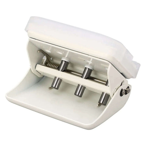 All-metal 3 Hole Puncher For A7 And A4 Paper, Handheld Office Punch, Up To 5 Sheets Of 70G, 19Mm Hole Spacing With Flip Tray, shown open