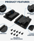 2 Pack Bottom Latch Mounts For Flex Stack Pack Toolbox Bracket Fits Wooden Work Surfaces, includes screws, guide rails, black plastic