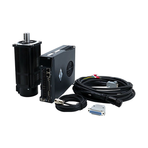 Servo motor and matched drive kit with cables; black motor with silver shaft beside a compact drive unit