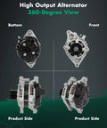 Beefy V6 3.5L 12V 130A High Output Alternator For Toyota Tacoma 2016-2021 showing front, bottom, and side views, with pulley and fan.