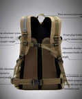Back view of Khaki Lightweight Outdoor Daypack With Multi Layer Design For Easy Organization Ideal For Hiking Camping Climbing And Running Durable Polyester Build With Abrasion Resistant Bottom And Soft Inner Lining showing adjustable straps and breathable mesh.