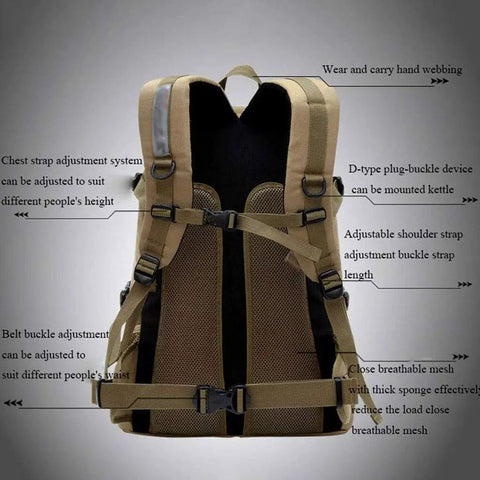 Back view of Khaki Lightweight Outdoor Daypack With Multi Layer Design For Easy Organization Ideal For Hiking Camping Climbing And Running Durable Polyester Build With Abrasion Resistant Bottom And Soft Inner Lining showing adjustable straps and breathable mesh.