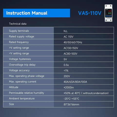 Adjustable Over and Under Voltage Protector With Digital Display For 110V DIN Rail Mount Reads Voltage Current And KWH In Real Time Keeps Your Gear Safe From Surges, 81x36x66mm