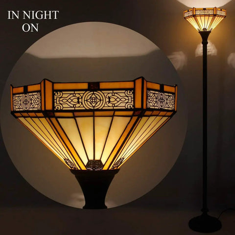 Yellow Hexagon Tiffany Floor Lamp With Stained Glass Mission Shade, 71 Inch Torchiere Standing Lamp, illuminated in dark