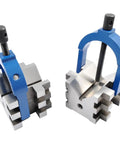 Multi Use V Blocks And Clamps Set For Machining And Inspection Gray Two Point Five Inch By Two Point Seven Five Inch By Two Inch Includes High Precision Ninety Degree V Grooves For Holding Round Or Square Workpieces Securely, two blue clamps on metal V-blocks