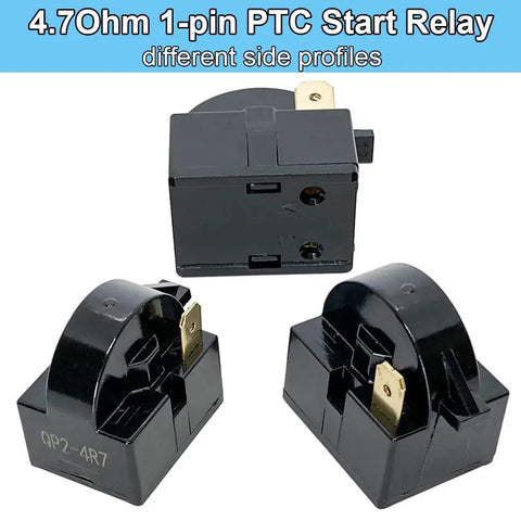 Refrigerator Starter PTC Start Relay 4.7 Ohm 1 Pin With 6750C0005P Overload Protector, different side profiles shown