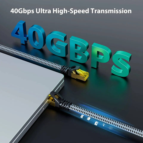 Cat8 Ethernet Cable 10 Ft Dual Pack, 40Gbps 2000MHz High Speed Patch Cord, Nylon Braided Shielded RJ45 Flat Internet Cable For Indoor Outdoor Use beside laptop.
