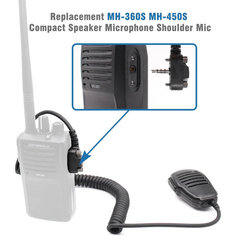 Compact Duty Shoulder Microphone For VX Series Walkie Talkies With Omnidirectional Pickup, 3.5mm Audio Jack, Rugged Radio Speaker Mic Compatible With VX-231 VX-261 VX-264 VX-451 VX-454 VX-459 And MH-450s MH-360S attached to a walkie talkie.