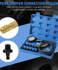 Oil pressure tester kit with 3-inch dual-scale PSI gauge, hose, 90-degree elbow and adapters in blue case.