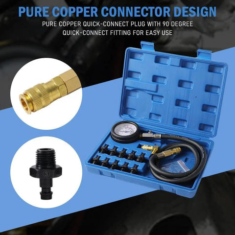 Oil pressure tester kit with 3-inch dual-scale PSI gauge, hose, 90-degree elbow and adapters in blue case.