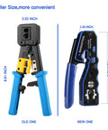 Comparison of old and new Pro Grade Pass Through RJ45 Crimp Tool Kit With Cutter For Cat5 Cat5e Cat6 Cat6a 8P8C Modular Connectors.
