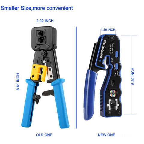 Comparison of old and new Pro Grade Pass Through RJ45 Crimp Tool Kit With Cutter For Cat5 Cat5e Cat6 Cat6a 8P8C Modular Connectors.