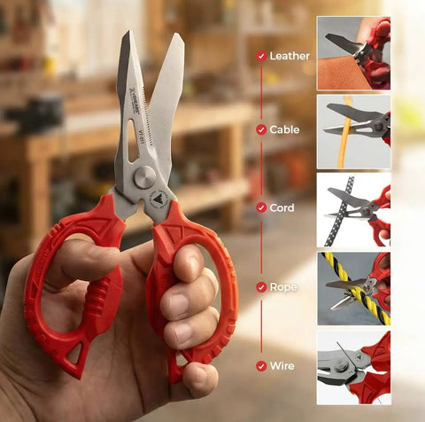 Heavy Duty 6.3 Inch Utility Scissors With 4 in 1 Blade System For Carpet Leather Copper Wire Insulated Cable Cords Rope And More Made In Japan Ideal For Workshop Pros And DIY Enthusiasts held in hand