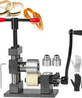 Pretty Dang Reliable Manual Ring And Bracelet Bending Machine With Rock Solid 2.2 Inch Steel Shaft And Smooth Hand Crank Action showing the machine with rings and gloves.