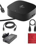 Laptop Docking Station With Dual Monitor Support And 120W Charging USB C G5 Dock Includes HDMI Cable DisplayPort Cable Ethernet Cleaning Cloth Fast Setup For Home Office And On The Go Renewed, showing included cables and power adapter.