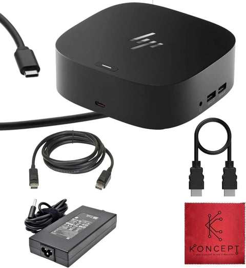 Laptop Docking Station With Dual Monitor Support And 120W Charging USB C G5 Dock Includes HDMI Cable DisplayPort Cable Ethernet Cleaning Cloth Fast Setup For Home Office And On The Go Renewed, showing included cables and power adapter.