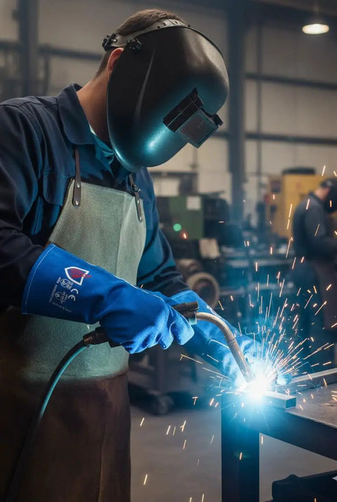 Welder wearing Royal Blue Flame Resistant Welding Gloves, 14 Inch Cowhide Leather, Polycot Lining, Large Size, welding metal.