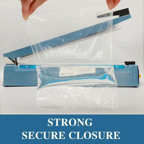 Super No Sweat Heavy Duty Heat Seal Machine For Mylar Cookie And Poly Bags 12 Inch Wide Manual Sealer showcasing secure closure on a plastic pouch.
