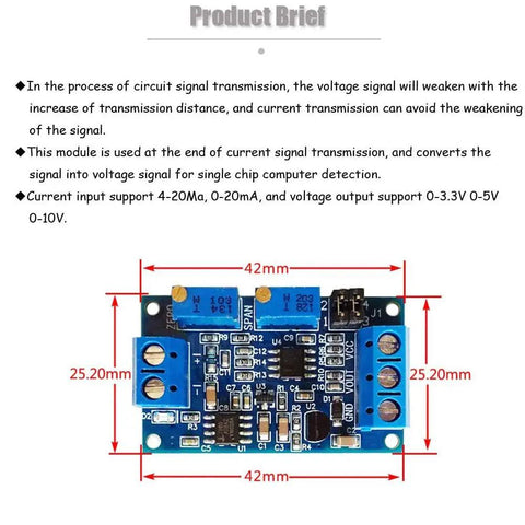 Four Pack Current To Voltage Converter Module For 4-20mA To 0-3.3V, 0-5V, Or 0-10V Readouts with dimensions and circuit details