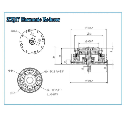 ZXJ17 Harmonic Reducer design drawing with dimensions for Heavy Duty Harmonic Drive Reducer Input Shaft Gearbox for Stepper and Servo Motors.