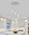 Five-Light Crystal Bubble Pendant Lights For Kitchen Island In Brushed Nickel, over modern kitchen island. Integrated LED, 6000K Daylight.