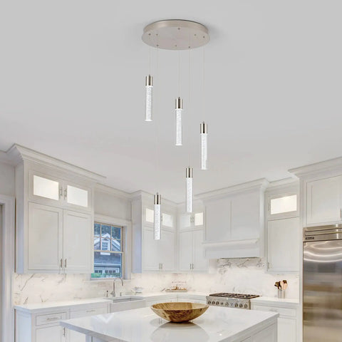 Five-Light Crystal Bubble Pendant Lights For Kitchen Island In Brushed Nickel, over modern kitchen island. Integrated LED, 6000K Daylight.
