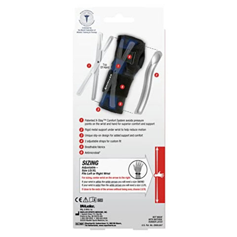Packaging of X Stay Wrist Stabilizer For Adults Black Adjustable Wrist Wrap with sizing and product features outlined.