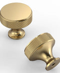 Two champagne bronze knurled cabinet knobs from 10 Pack Champagne Bronze Knurled Cabinet Knobs Kitchen Cabinet Handles For Drawer Cupboard Wardrobe Doors Easy Install And Durable Construction ZH0036 displayed from different angles.