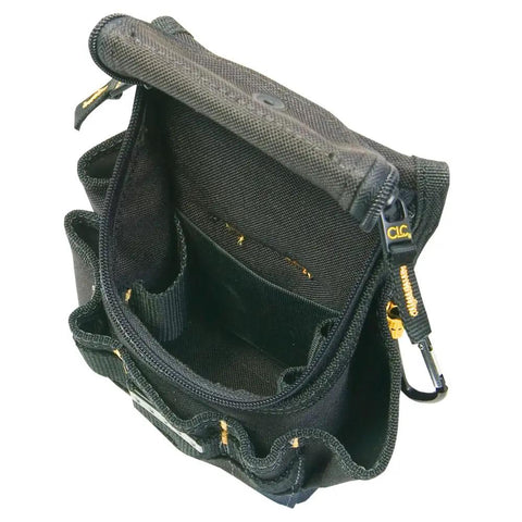 Open Ziptop Utility Pouch Small with Double Pull Zipper Cover and Snap-Back Lid, showcasing interior pockets for tools.