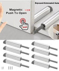 Push To Open Damper Buffer Magnetic Cabinet Door Latches Smooth Quiet Closer Rebounder Cupboard Catch Drawer Stopper For Wardrobe Gold Finish Easy Install Strong Hold 20 Pack, showing installation steps and components.