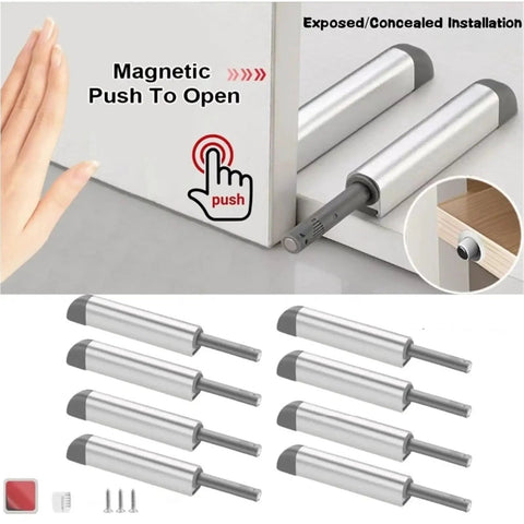 Push To Open Damper Buffer Magnetic Cabinet Door Latches Smooth Quiet Closer Rebounder Cupboard Catch Drawer Stopper For Wardrobe Gold Finish Easy Install Strong Hold 20 Pack, showing installation steps and components.