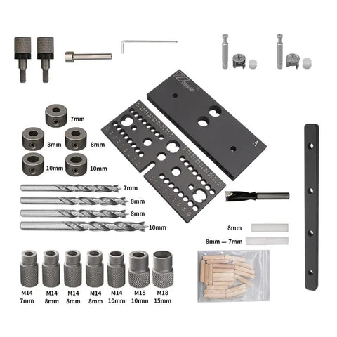 3 In 1 Adjustable Doweling Jig Kit For Woodworking Delivers Dead Nuts Accurate Hole Drilling components including jigs, drill bits, and dowels.