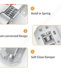 Close-up view of 4 Pack 90 Degree Soft Close Cabinet Hinges No Pre drilled Noiseless Hidden Concealed Hardware Set 4 Inch Normal Type Nickel Plated Cold Rolled Steel Durable Easy Install, highlighting build-in spring and rivet connection.