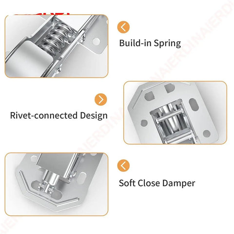 Close-up view of 4 Pack 90 Degree Soft Close Cabinet Hinges No Pre drilled Noiseless Hidden Concealed Hardware Set 4 Inch Normal Type Nickel Plated Cold Rolled Steel Durable Easy Install, highlighting build-in spring and rivet connection.