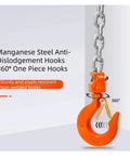 Rock Solid 2 Ton Ratchet Lever Hoist With Heavy Duty Hand Chain Tensioner Block For Lifting And Fastening Up To 3 Meters Of Wire Rope Or Chains showing orange manganese steel hook with 360° rotation.