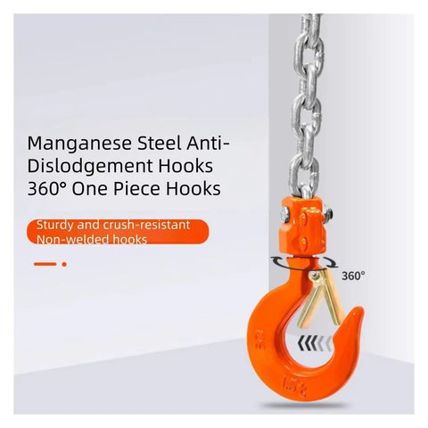 Rock Solid 2 Ton Ratchet Lever Hoist With Heavy Duty Hand Chain Tensioner Block For Lifting And Fastening Up To 3 Meters Of Wire Rope Or Chains showing orange manganese steel hook with 360° rotation.