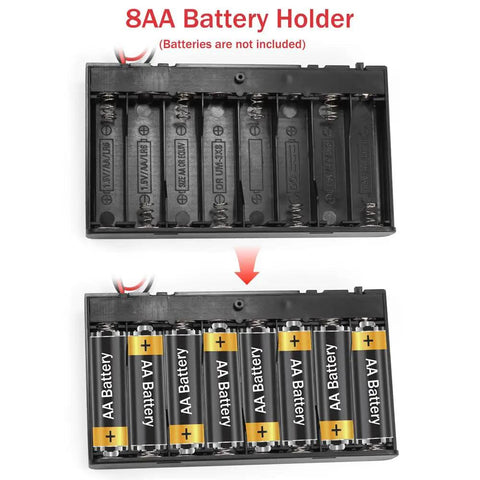 Tough As Nails Two Pack Eight AA Battery Holder Case with reliable on and off switch lid, open view with space for eight AA batteries.