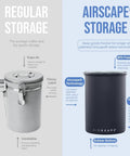 Comparison of regular vs Airscape storage with Stainless Steel Coffee Canister With Patented Inner Plunger Lid, Matte Black, Medium.